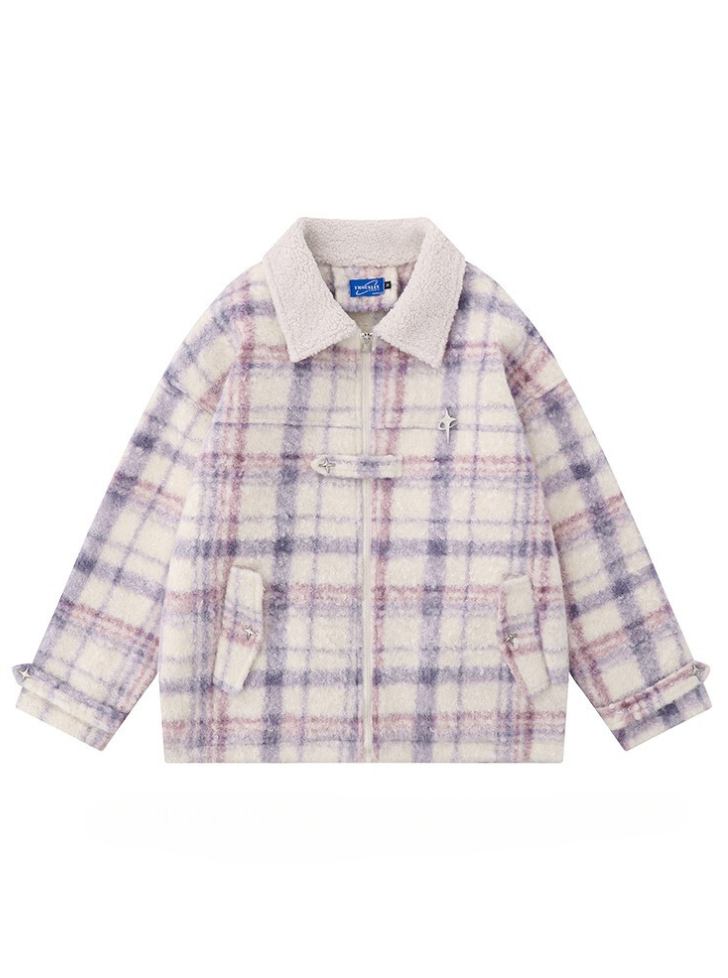 レトロカラフルチェックラペルラムベルベットコットンコート