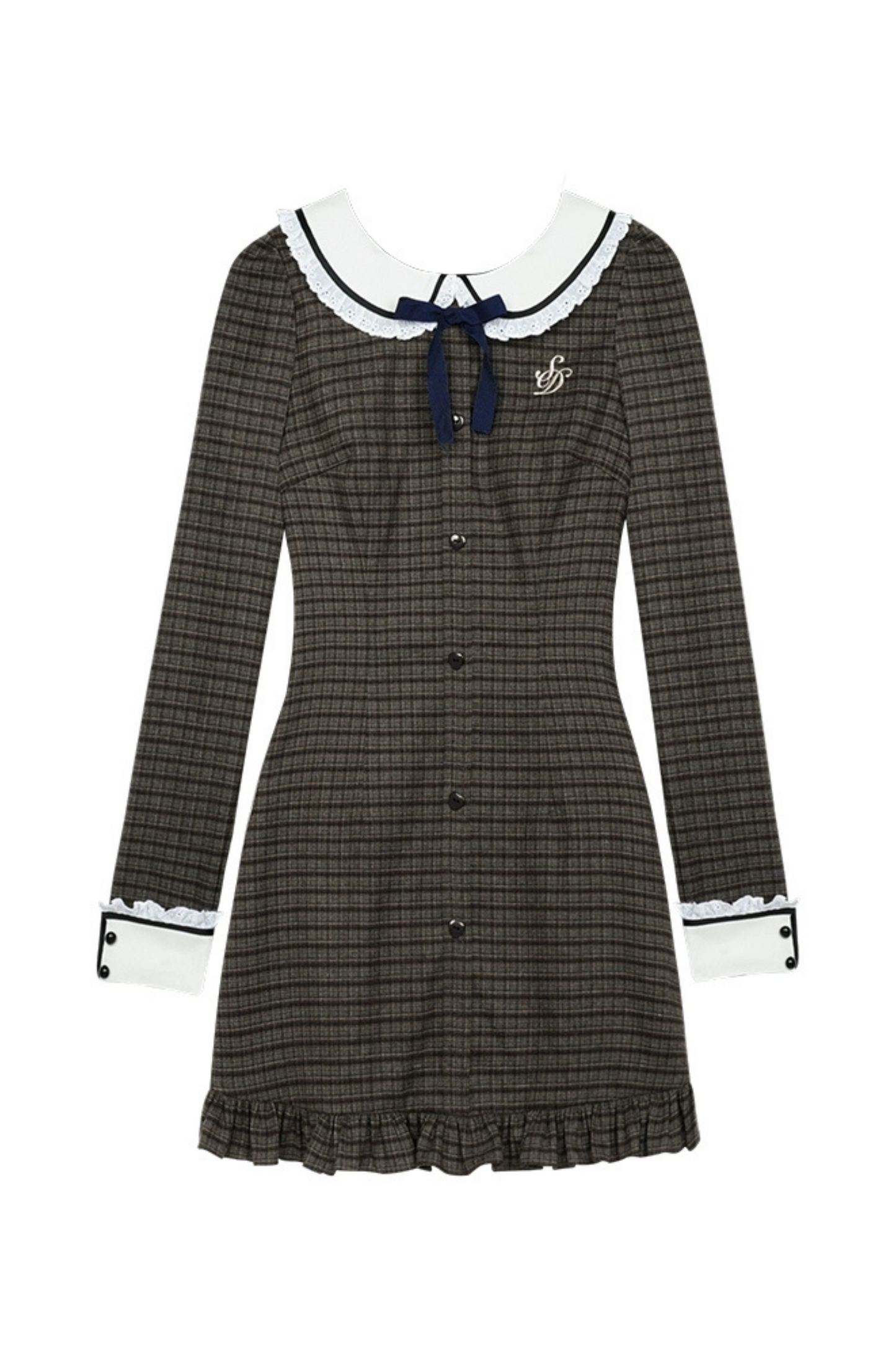 College Style Brown Check Doll Collar Dress + Bare Short Sweater