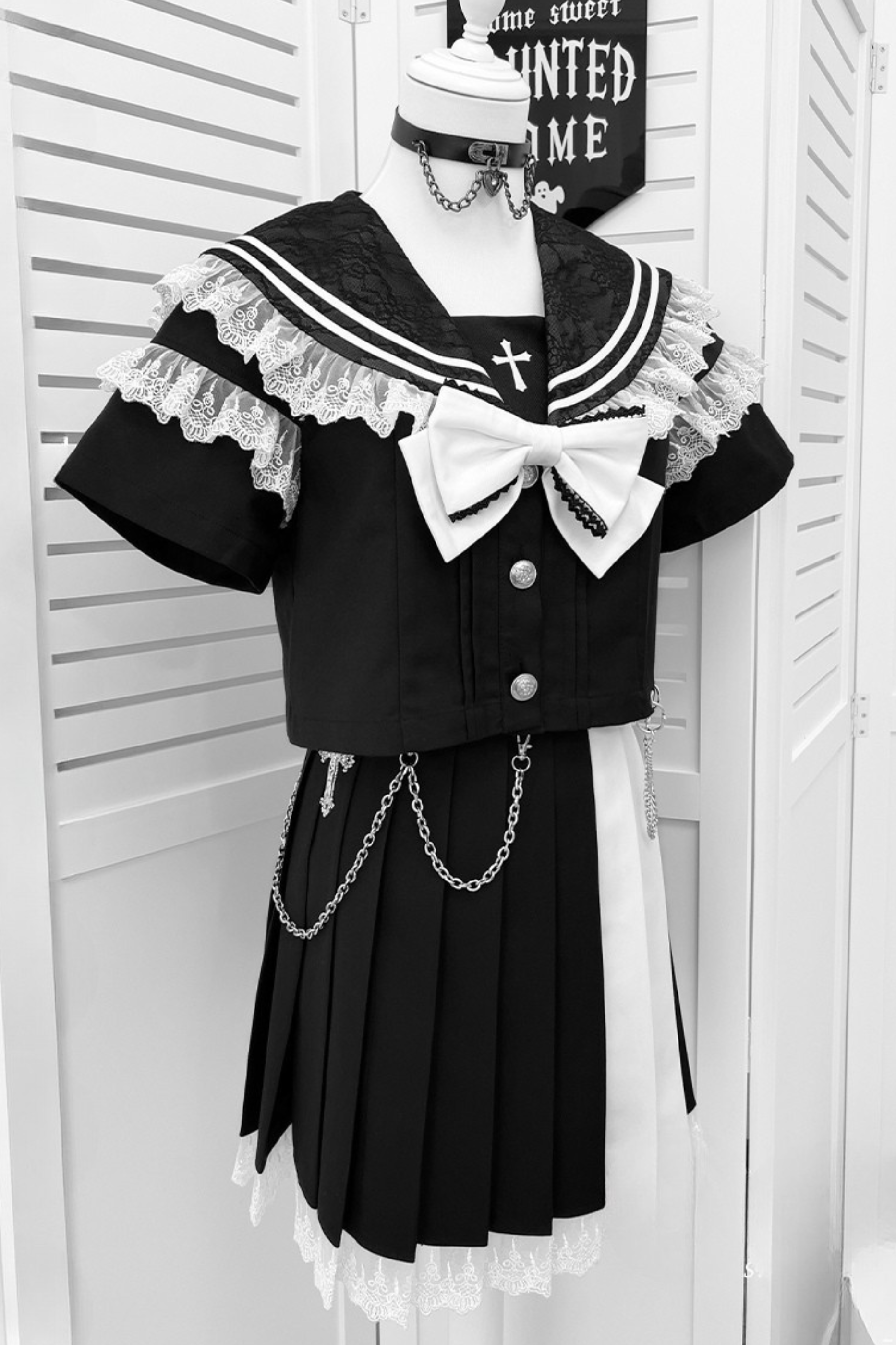 NO.149 トップス×吊りガウチョ×スカート×リボン ４点セット メルちゃん服 ダークガールカレッジセーラートップス+スカート+リボン+スカート