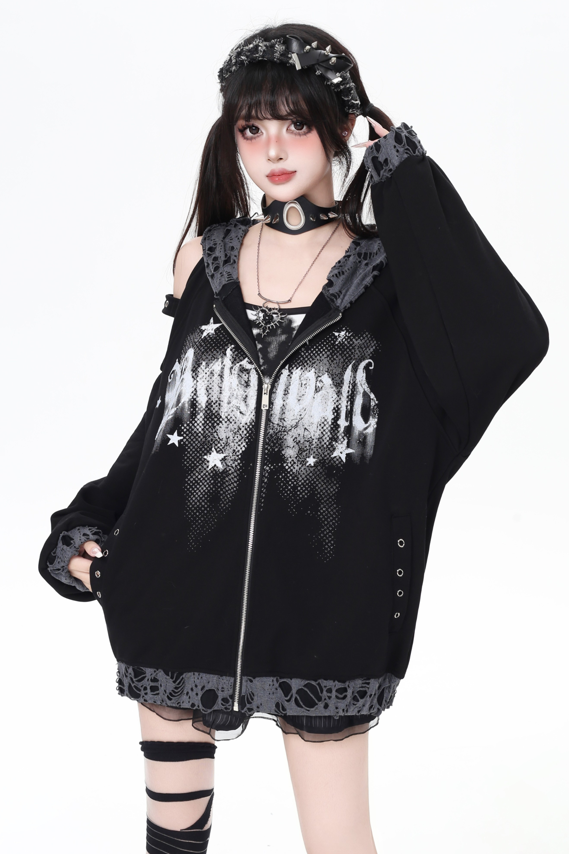 オフショルダーダークロゴフード付きパーカー – Belchic