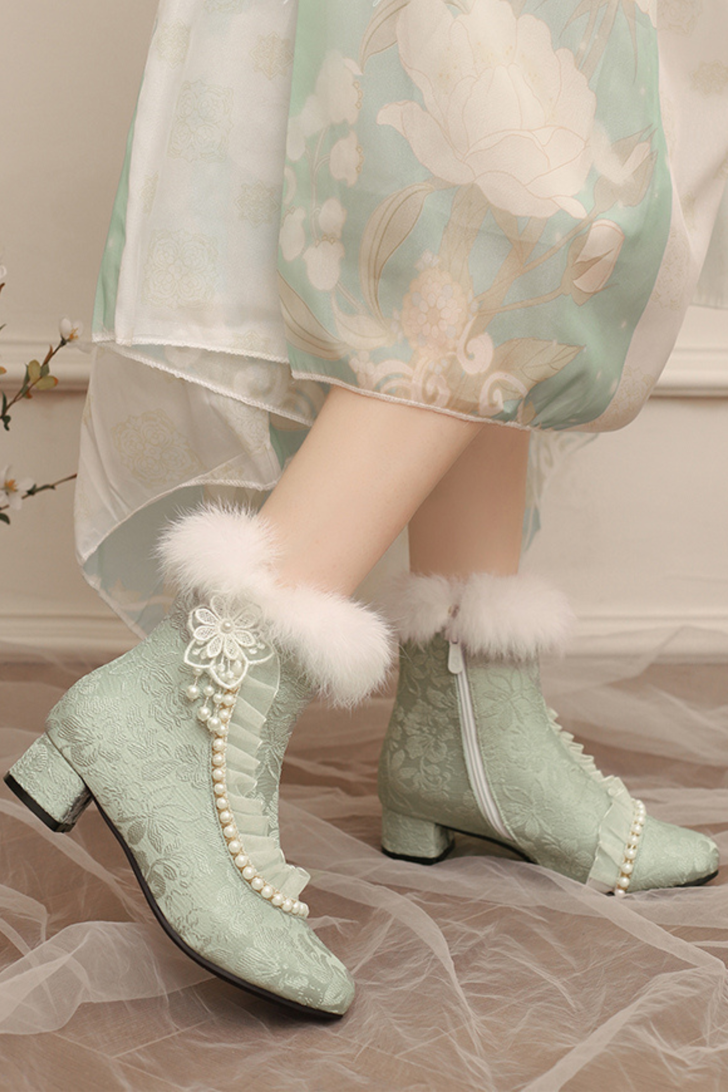 レースファーエレガントショートブーツ