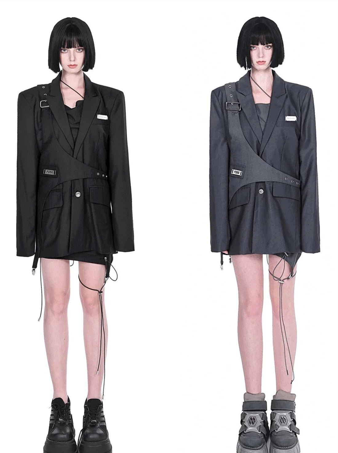 デザインユニークレイヤードベスト&ジャケットツーピースセット