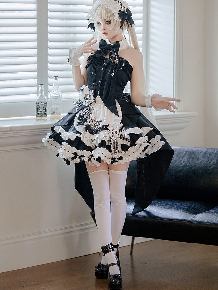 【2月13日予約締切】ブラックホワイトゴシックアリスラビットフリルビスチェトップメイドスカートドレスセット+アクセサリー