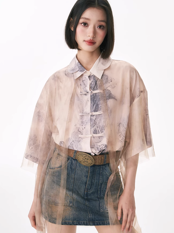 SHEER LAYERED SHIRT TOP - ロングワンピース/マキシワンピース