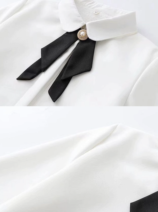 Fly front plain shirt + pearl bijou ribbon