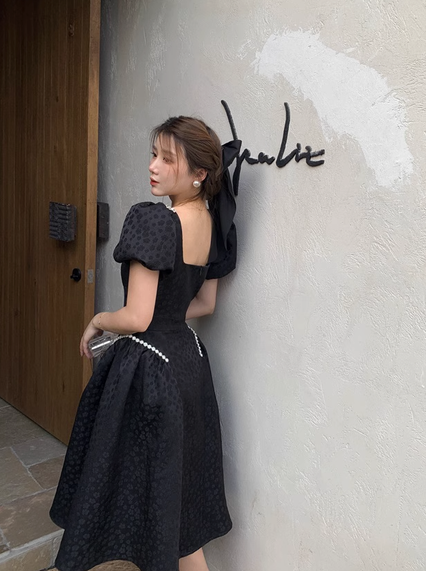 French Simple Naille Diamond Skirt Square Neck Jacquard Puff Sleeve Dress