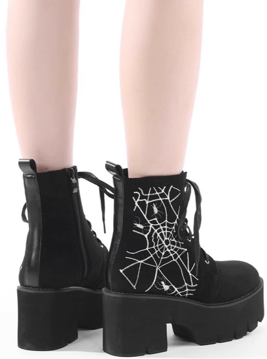 スパイダーデザインマットブラックショートブーツ