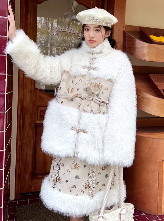 レトロフラワーファーコート+レトロファースカート