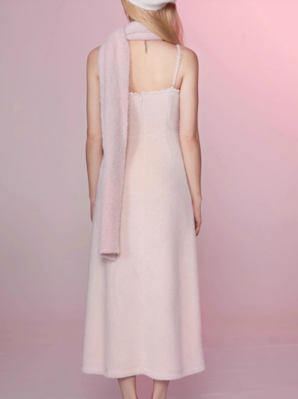 クリームピンクミンクベルベットサスペンダーロングスワンピース+スカーフ