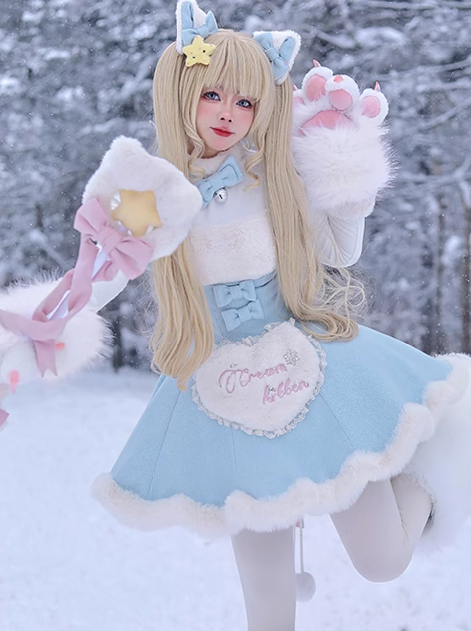 Charcoal group.Prayer meow 魔法少女轻柔可爱猫咪萝莉毛绒连衣裙套装