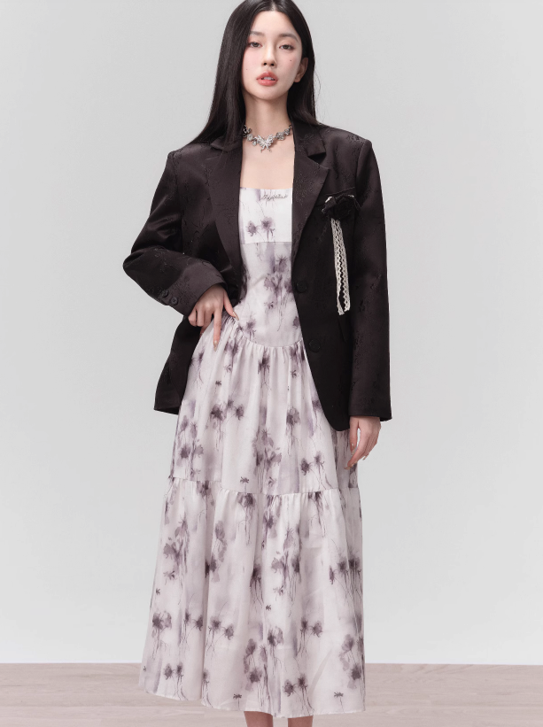 Half Cigarette Rain and Ink Style Smudge Rose Suspender Skirt