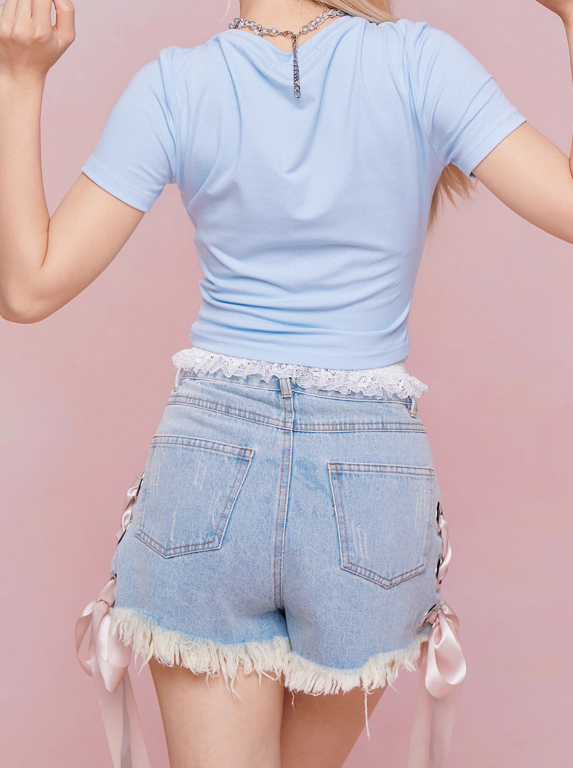 Side satin ribbon denim pants