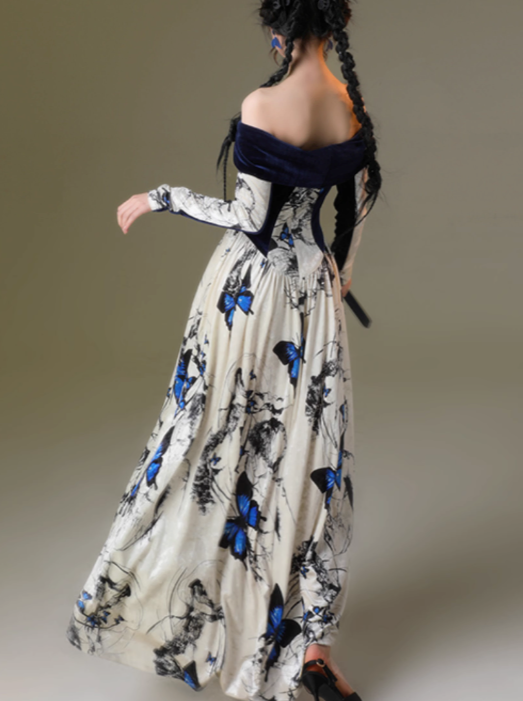 四斤自制蚕茧单肩法式丝绒印花大A摆改良四季新中式礼服