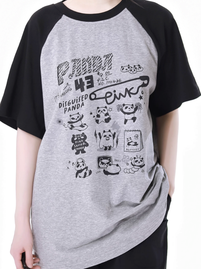 カラーブロックパンダイラストトップス