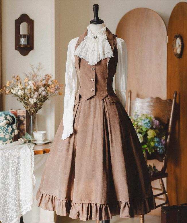 クラシカルレトロブラウス+カラーベスト+フレアロングスカート