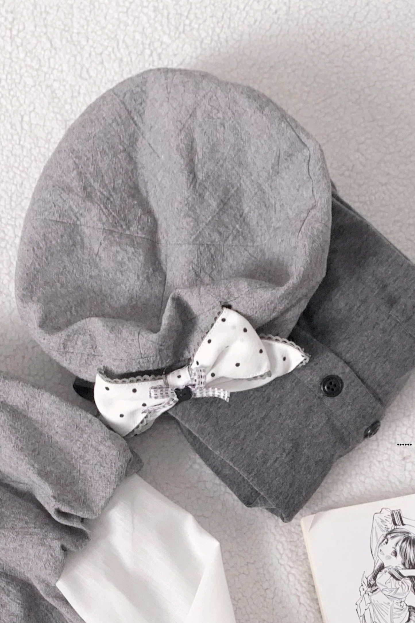 グレイポルカドットドールドレス+ベレー帽