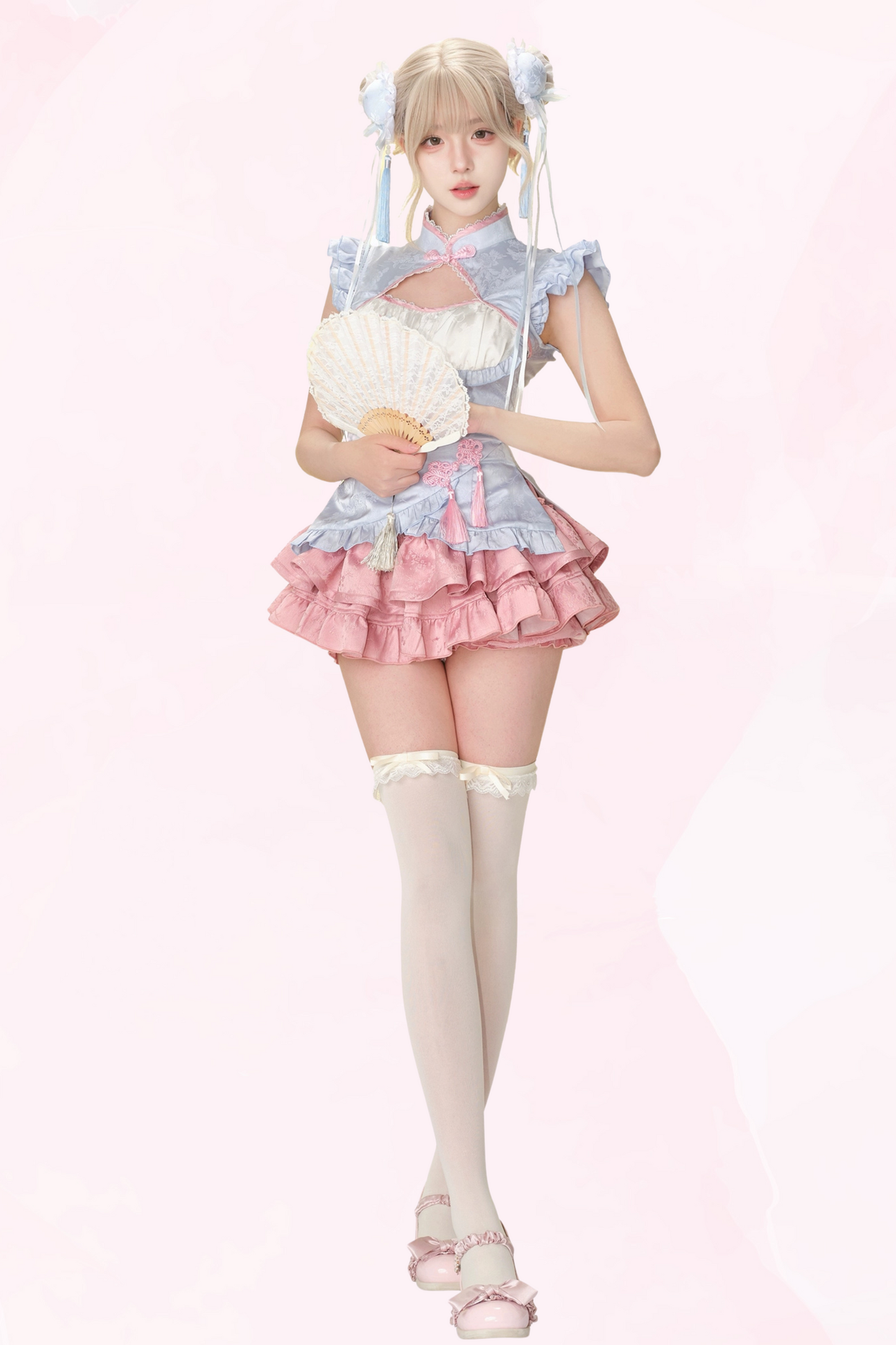 Coconut Print Top + Pink Jacquard Cake Skirt