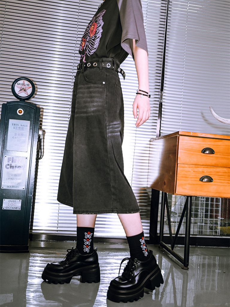 レトロモードデニムハーフパンツ