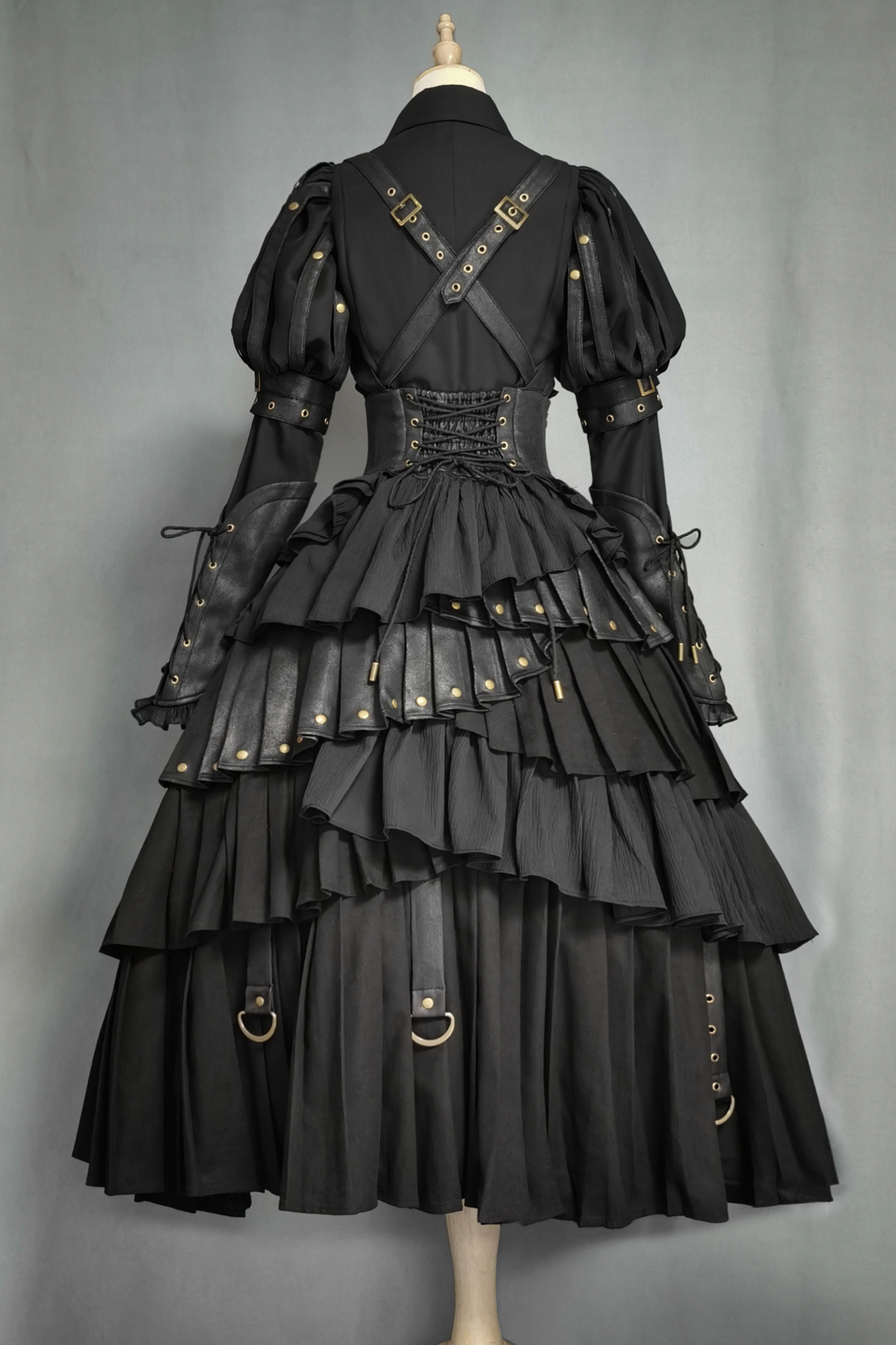 【予約商品】ブラックミストゴシックスチームパンクゴージャスマットレザーシャツ+コルセットサスペンダードレス