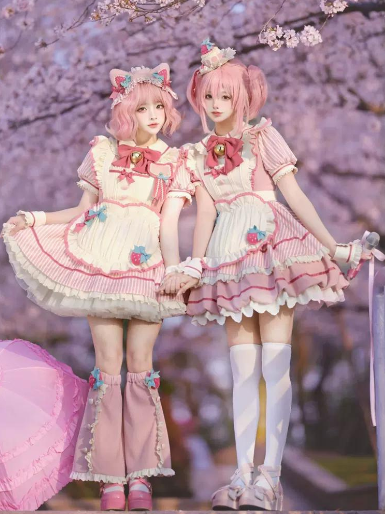 サクラピンクガーリーバブルロリータドレス+エプロン+ハット+ サクラピンクガーリーバブルロリータドレス+エプロン+ハット+