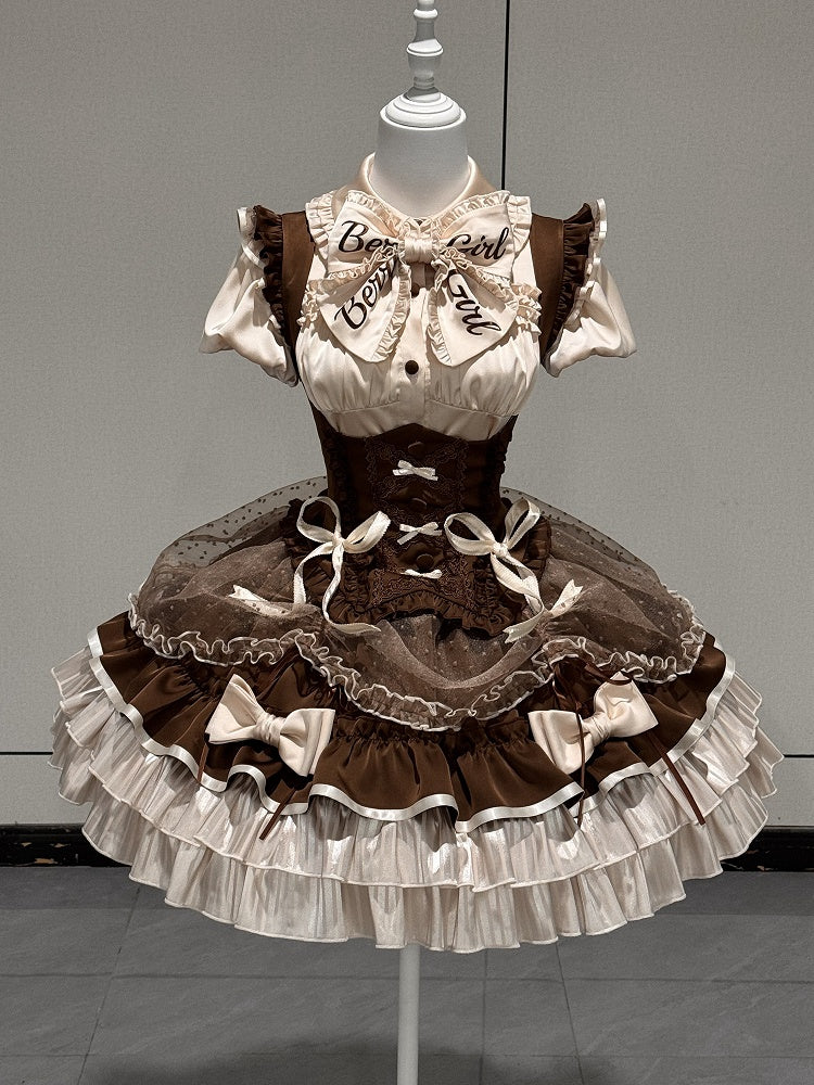 【5月12日予約締切】カフェモカロリータアイドルリボンパフスリーブシャツ+コルセットチュールプルアップJKSドレスセットアップ