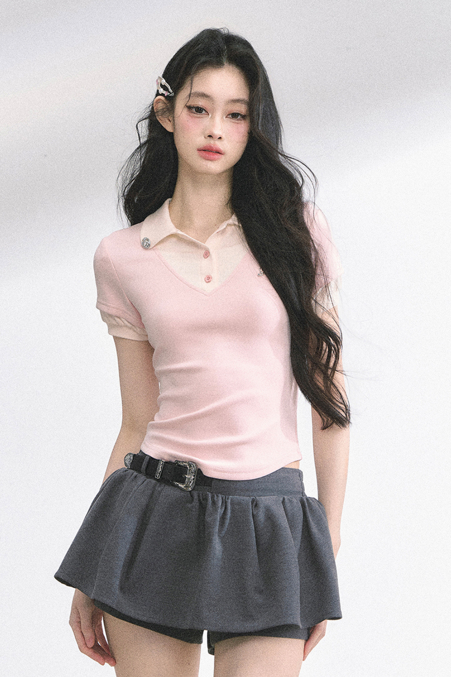 フレンチシャツタイトガーリートップス