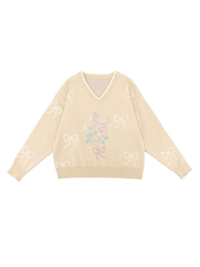 イエロージャカードニットセーター+リボンニットスカート+ベスト