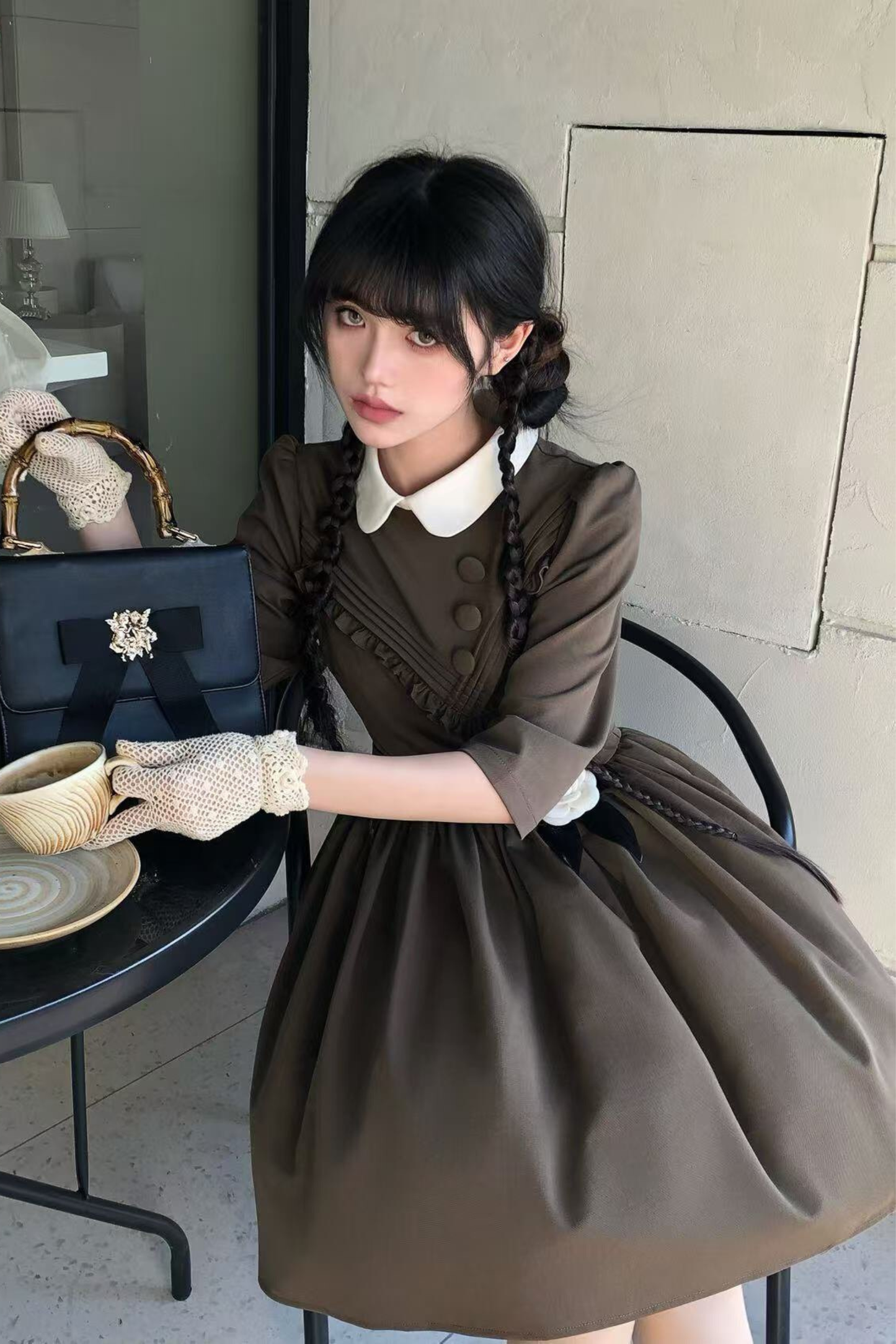 Retro-Preppy-Halbaermel-Lolita-Kleid