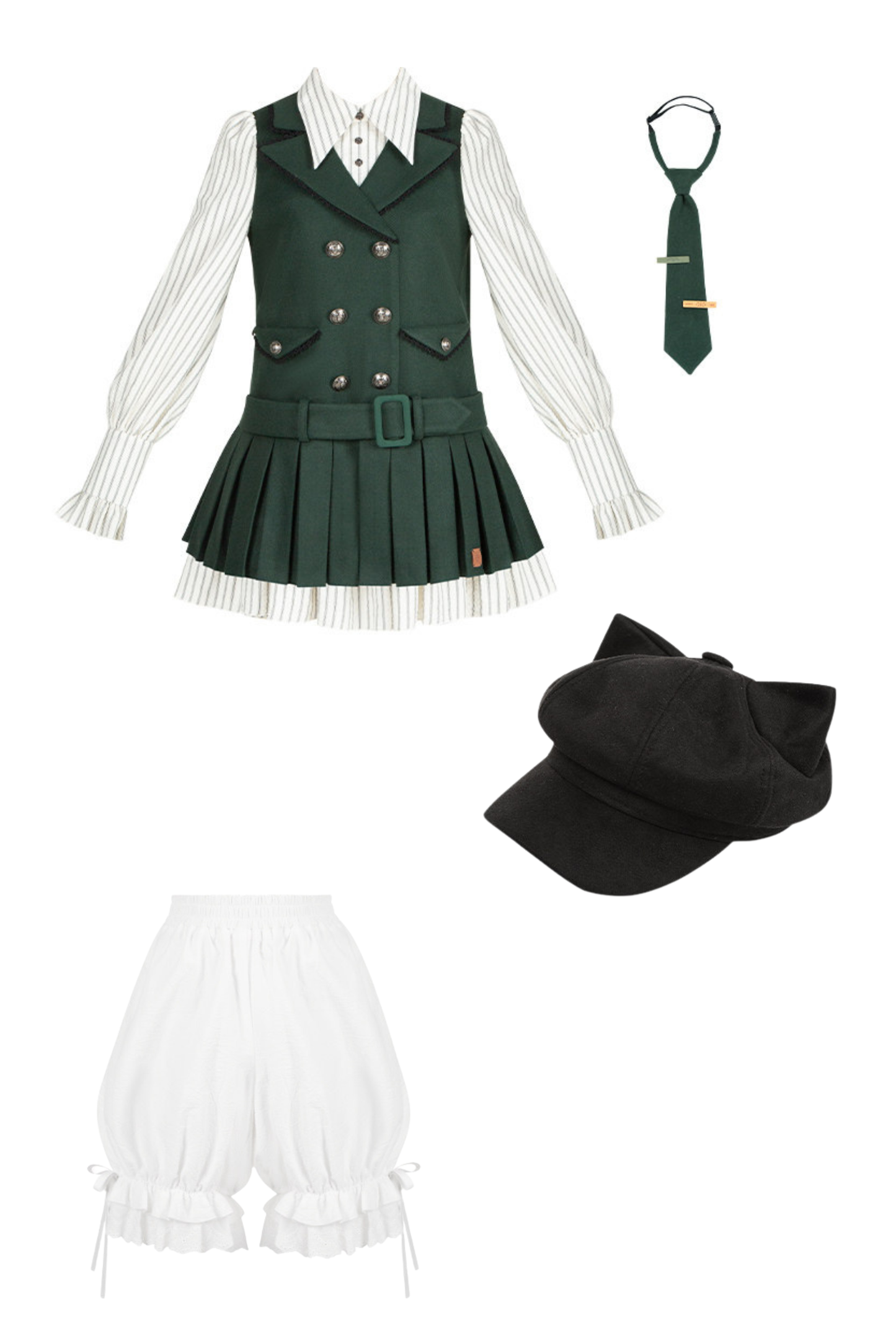 Abrigo con capa de Baker Street + Vestido a rayas + Pantalones de calabaza + Sombrero