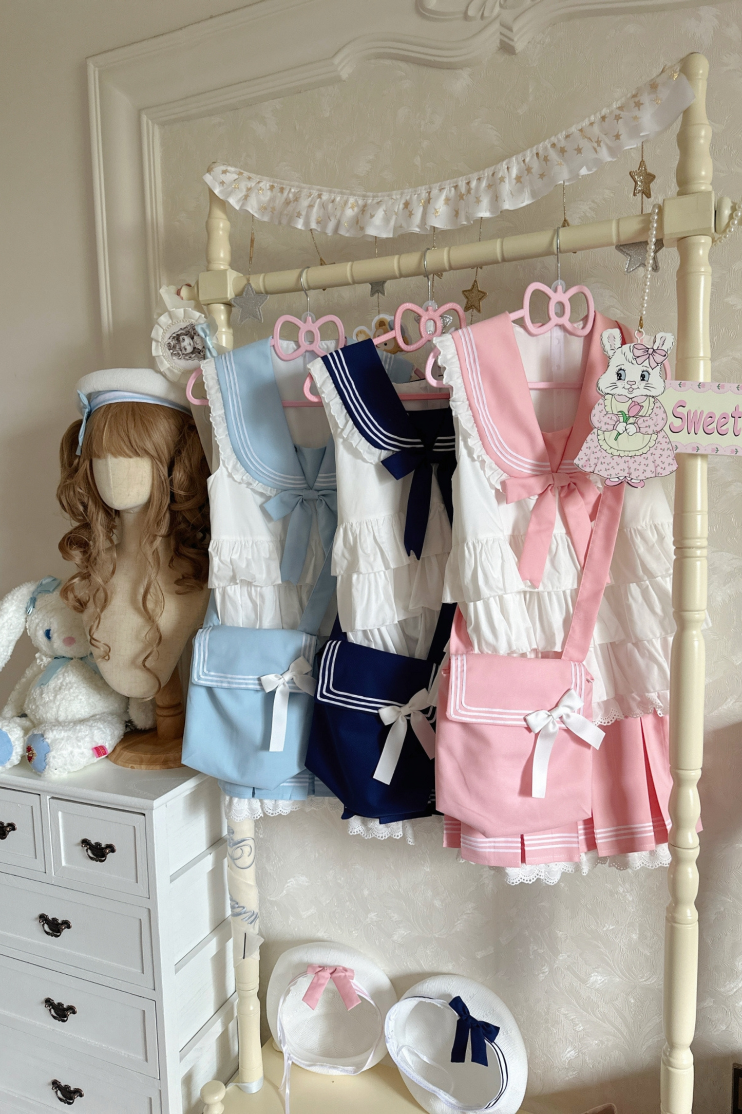 セーラーリボンマリントップス+プリーツレイヤードスカート