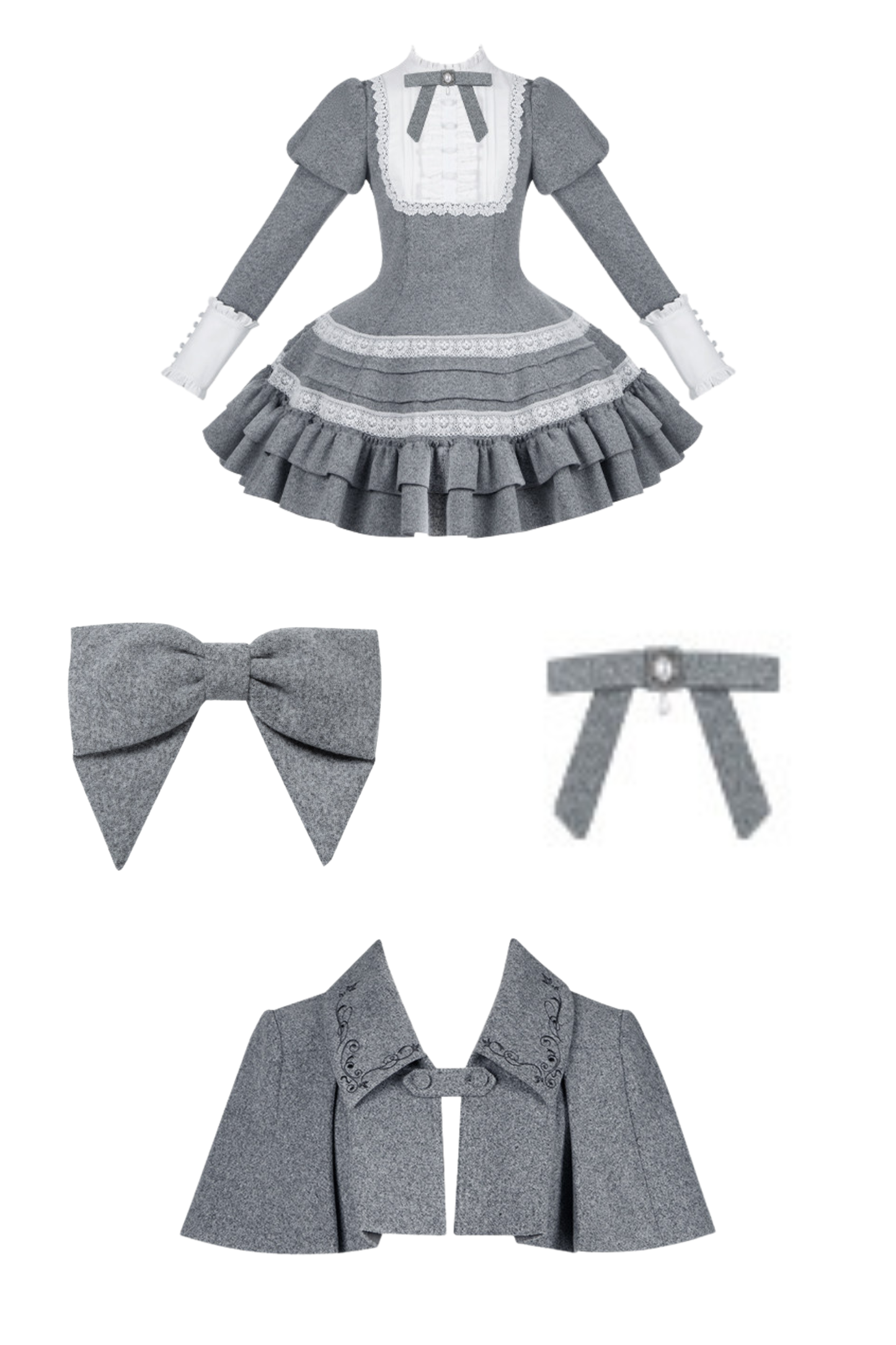 Manteau Cape a Volants Elegant + Robe + Accessoire de Cheveux + Broche