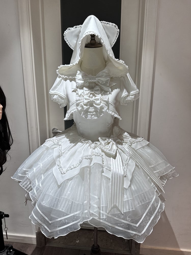 【4月18日予約締切】猫耳フーディーレースリボンホワイトフェイクツーピースロマンティックゴシックロリータドレス