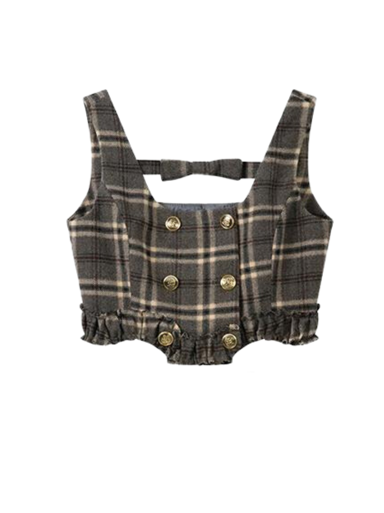 Bretelles à carreaux rétro marron + jupe à carreaux