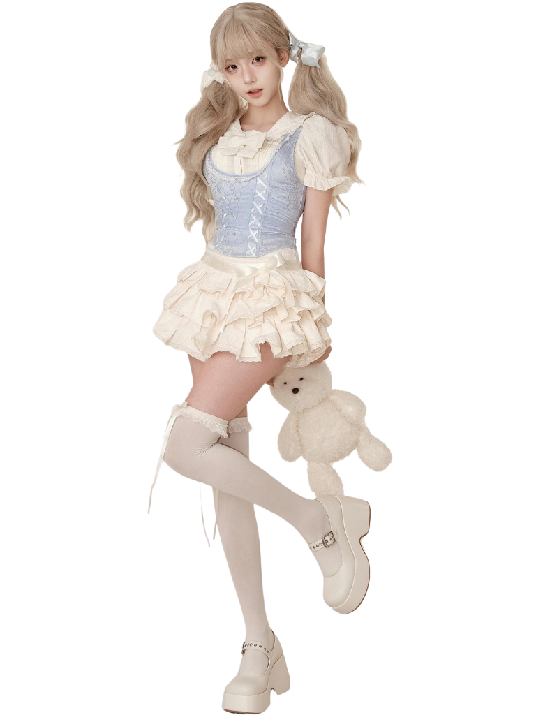 Milky puff sleeve shirt + flared skirt + ice blue vest