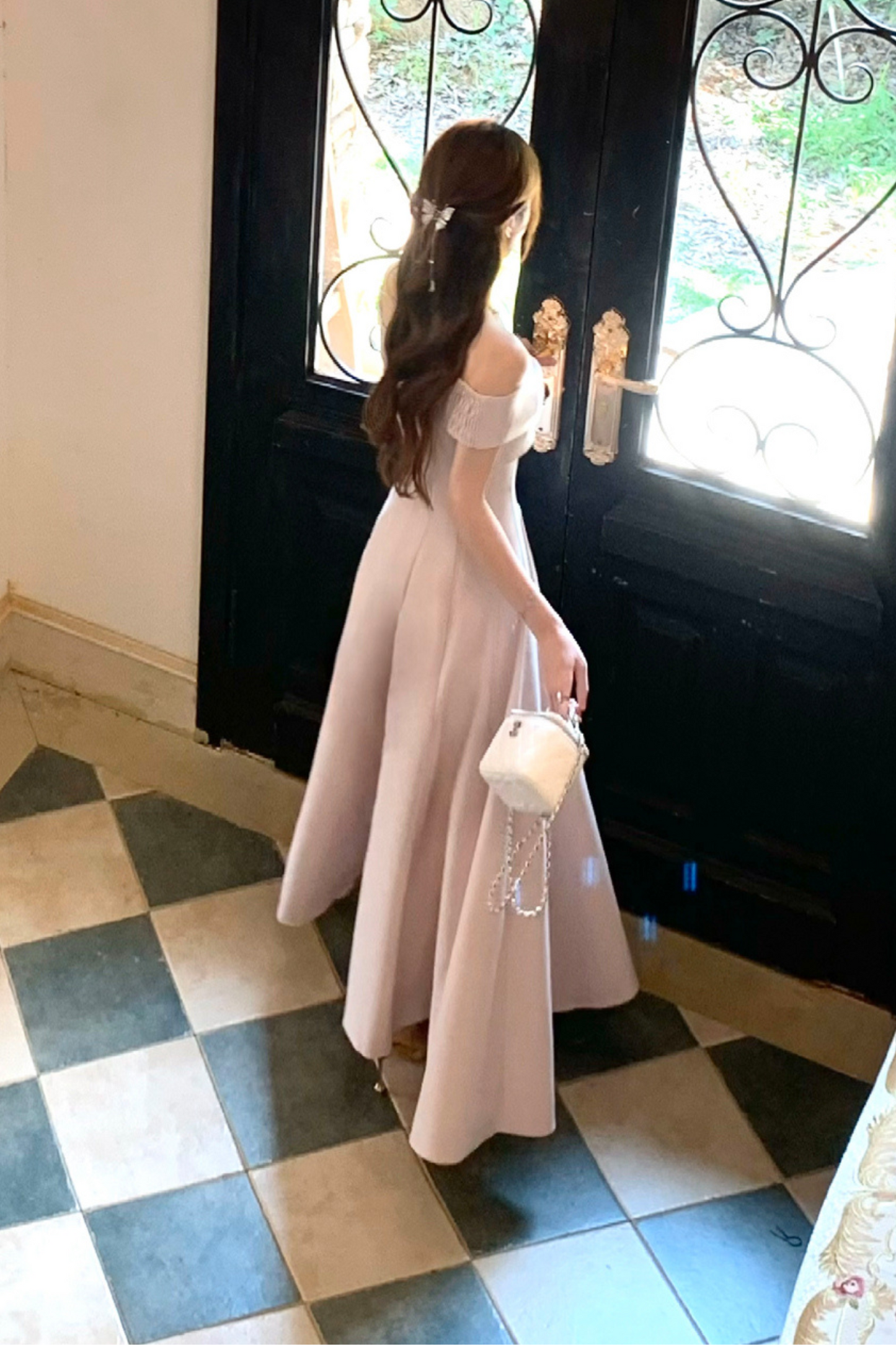 オフショルダーリボンショートフレアドレス+ロングフレアドレス