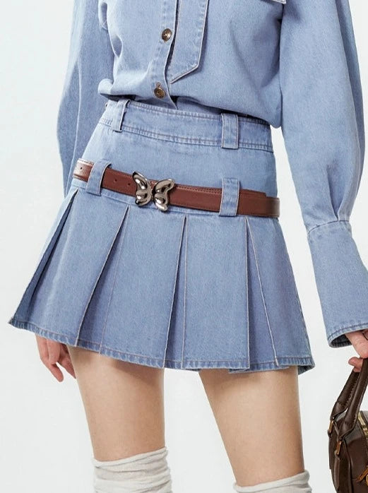 Ribbon neck denim shirt + pleated skirt