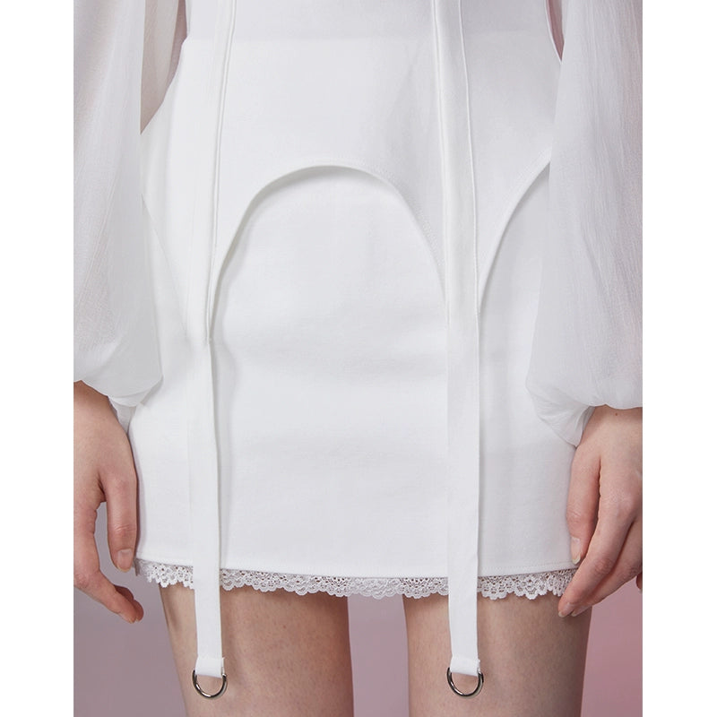 ホワイトフェアリーボリュームシアースリーブオフショルダートップス++レーススカート