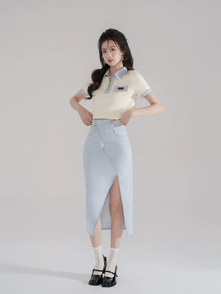 밀키 블루 폴로 탑 + 슬릿 아이스 블루 스커트