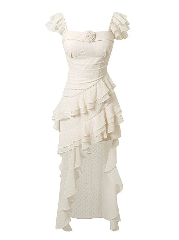 Sheer Dot Asymmetrical Flying Sleeves Flower Pointed Dress