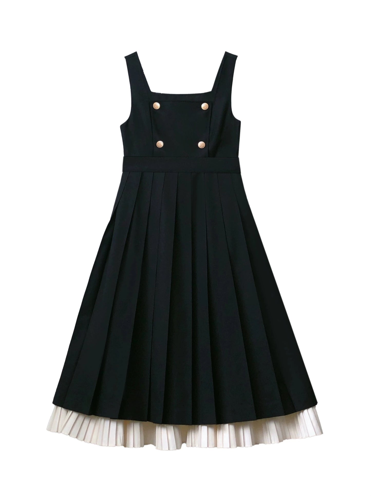 Elegant College Retro Lace Ruffle Shoulder Shirt + Pleated Suspender Layered Dress + Ribbon Accessories