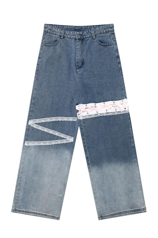 Cut-Out Lace Design Loose Jeans