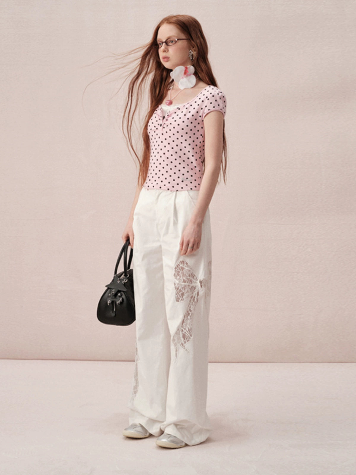 Wide Straight Pants with Side Lace Ribbon
