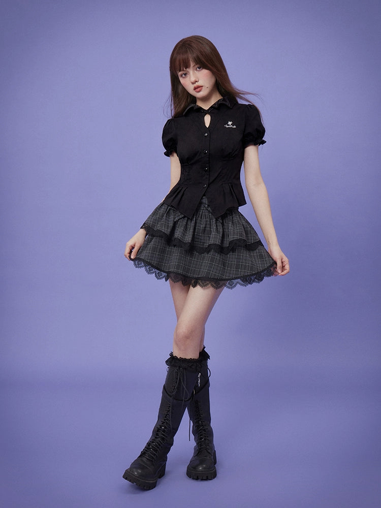 SagiDolls Girl Fighting Spirit H-Shaped Chong!暗黑小魔女泡泡短袖衬衫束腰薄衫夏装