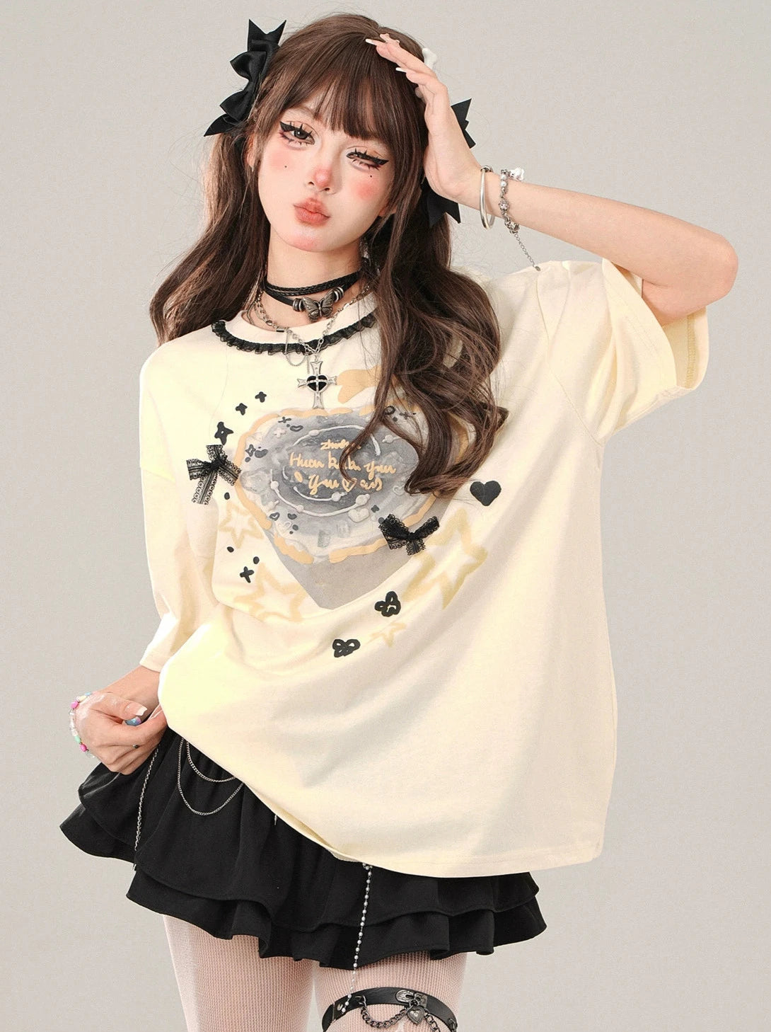 ノスタルジックウェーブレースリボンルーズTシャツ – Belchic