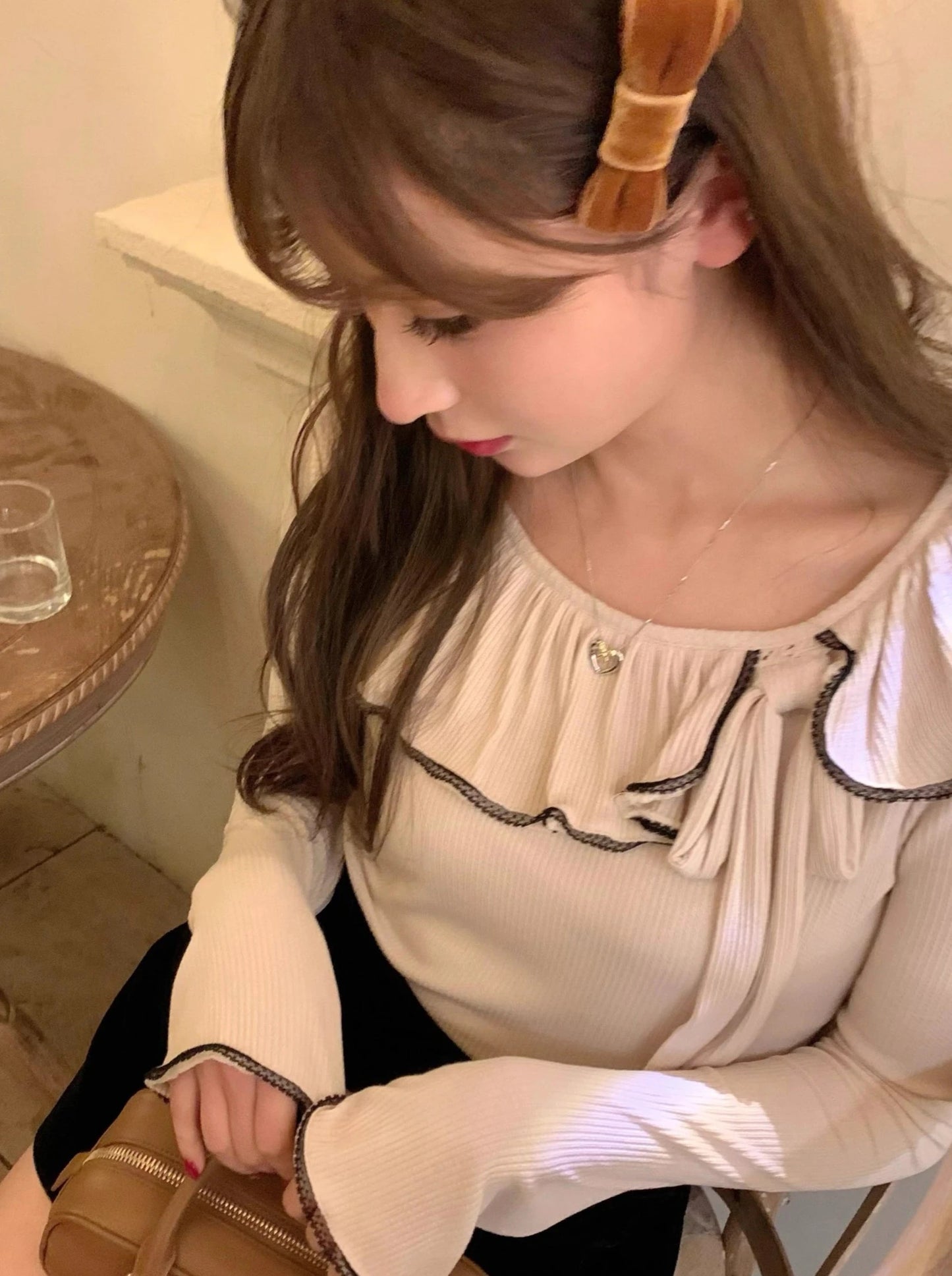 Ruffle Ribbon Neck Ribbed Knit Top