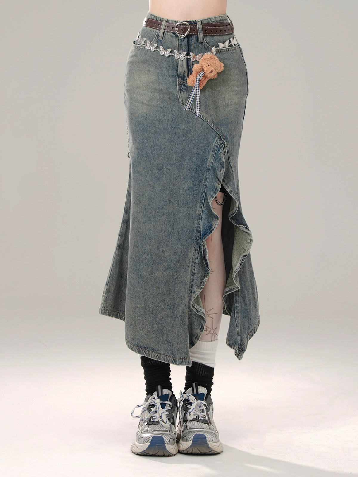 Blue Denim Ruffle Slit Long Skirt – Belchic Blue Denim Ruffle Slit Long Skirt – Belchic