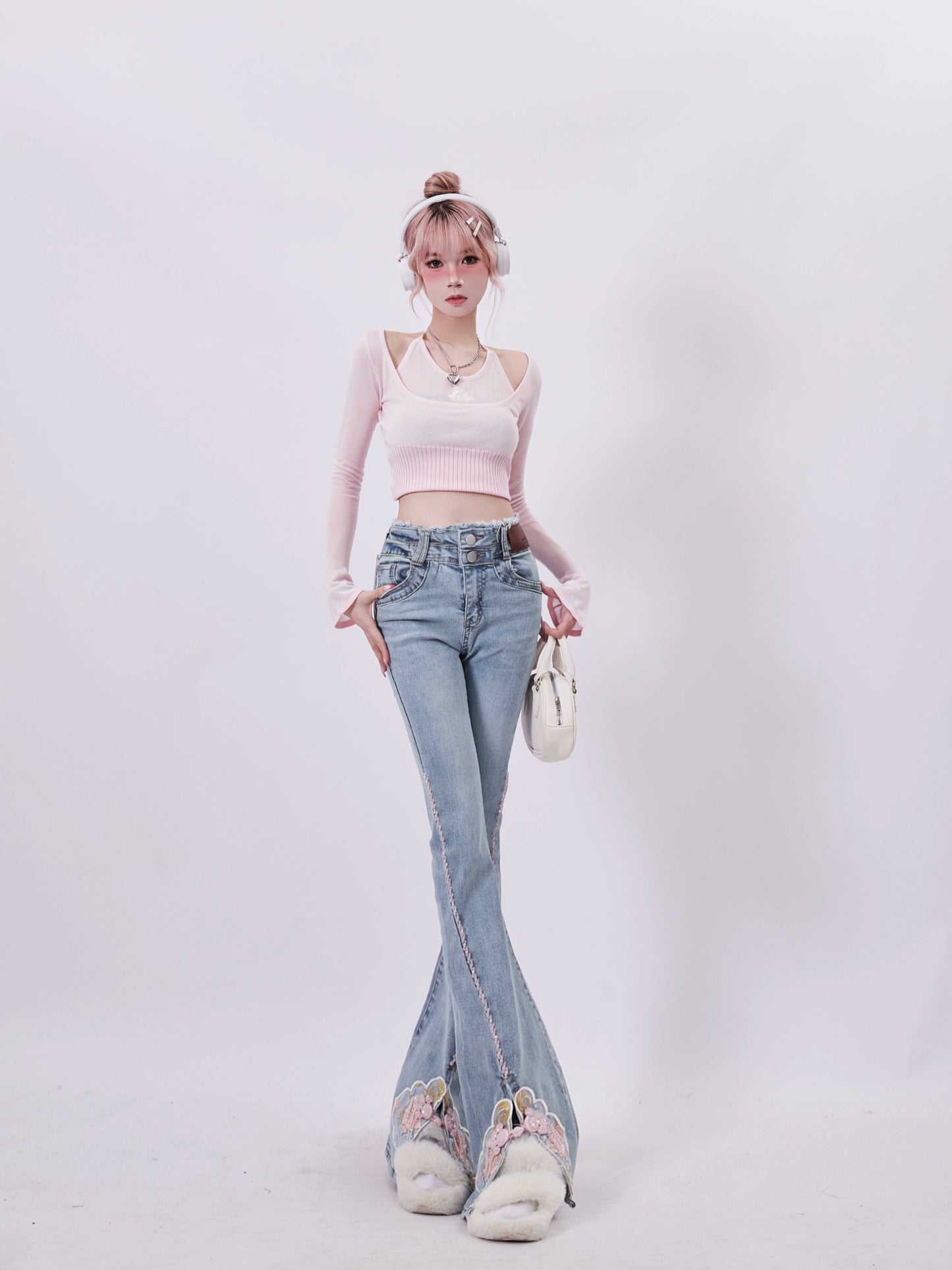 ダブルウエストスリットフレアデザインデニムパンツ