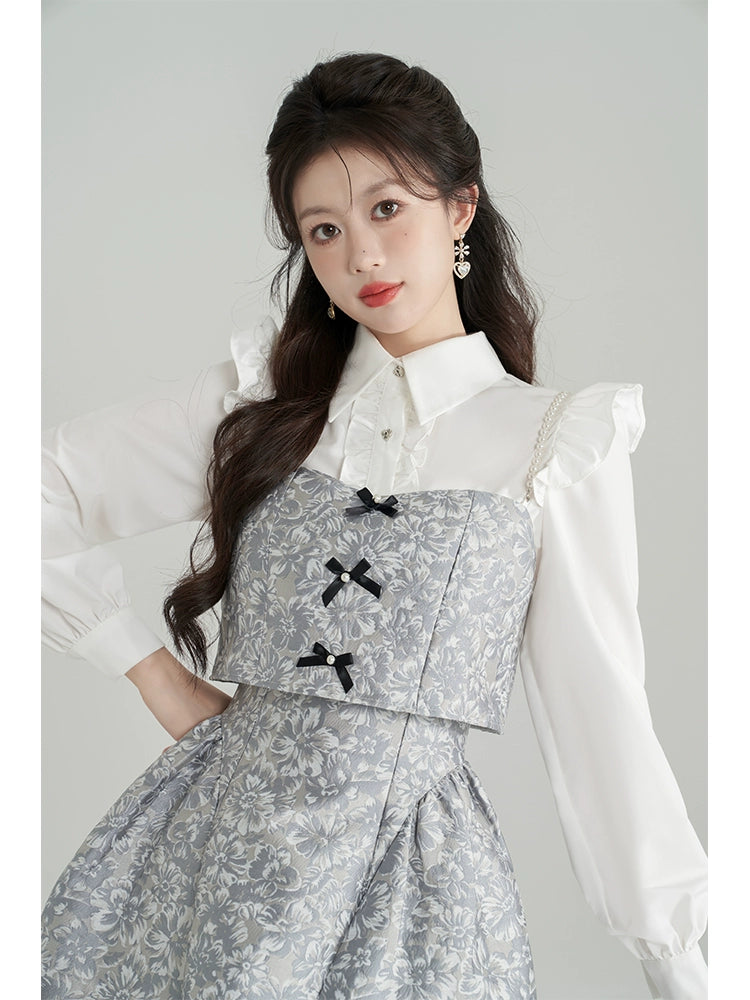 프렌치 셔츠 + 자카드 서스펜더 원피스