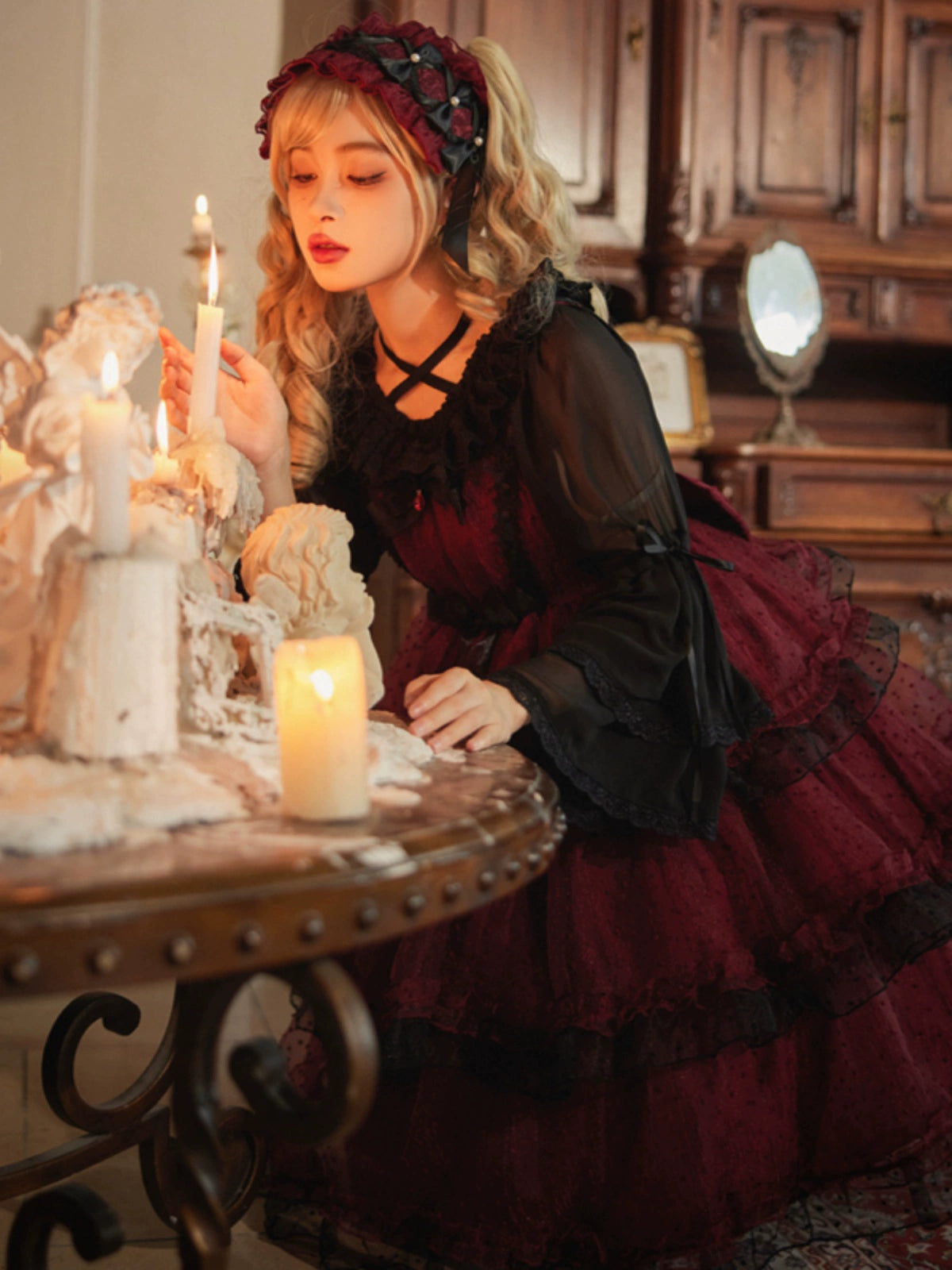 Dark red tiered suspender dress