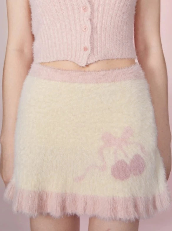 Mink hair knit cardigan + camisole + cherry skirt
